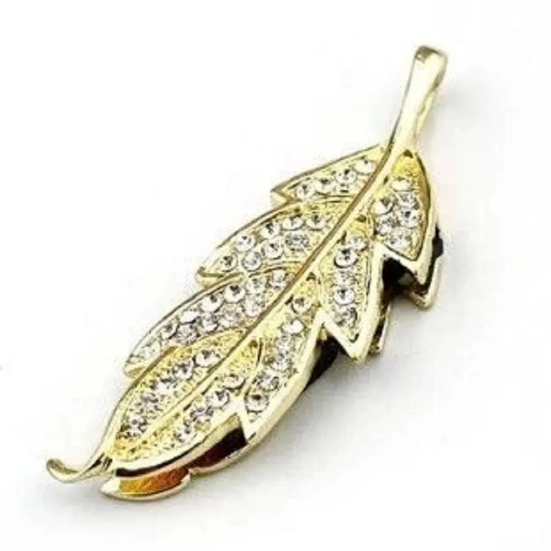 Silver metal leaf crystal design USB flash drive on white background showing dimensions