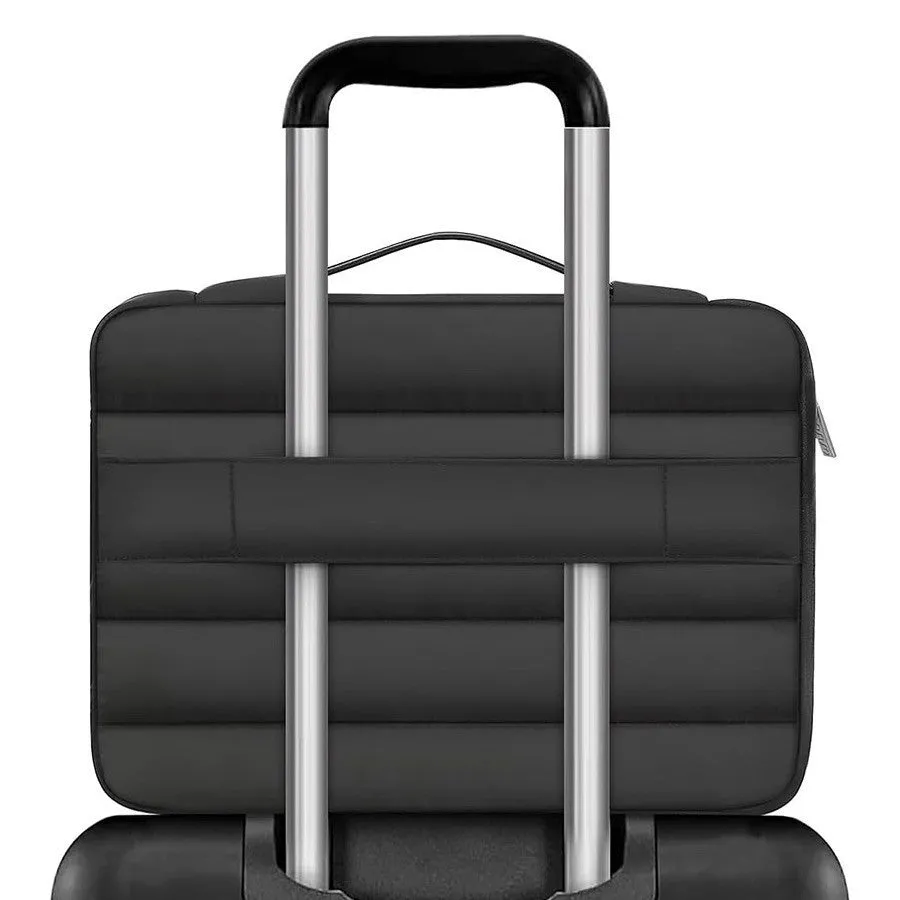 Velvet laptop bag with plaid pattern in light brown colour showing structured storage for 13.3-inch devices