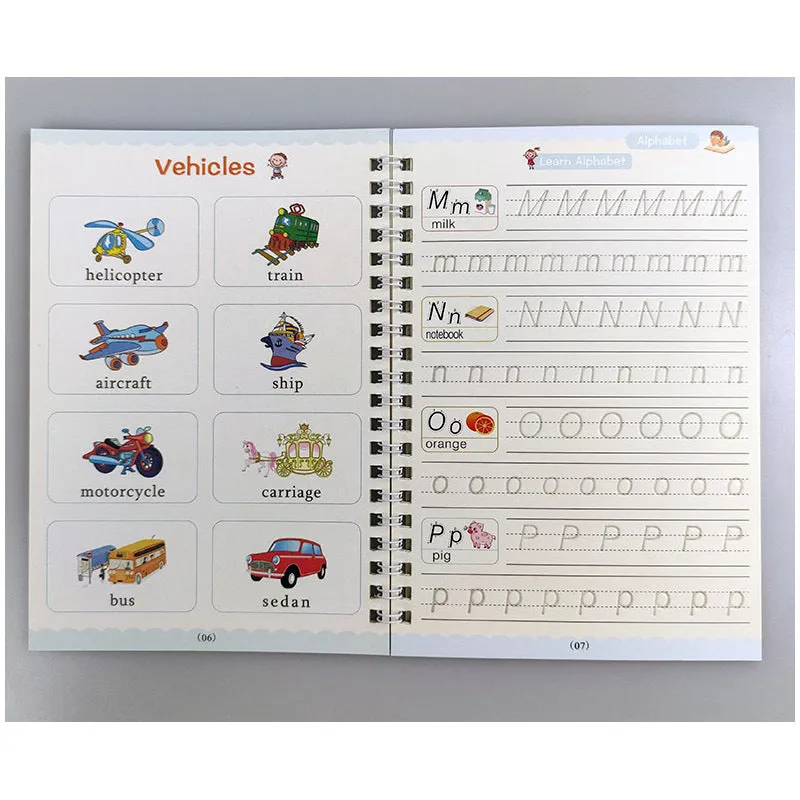 Four magic calligraphy copybooks with square slot design and pen set for children's handwriting practice