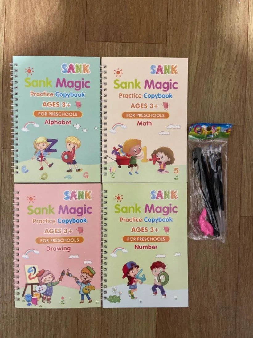 Four magic calligraphy copybooks with square slot design and pen set for children's handwriting practice