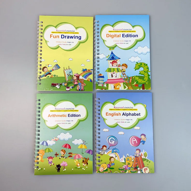 Four magic calligraphy copybooks with square slot design and pen set for children's handwriting practice