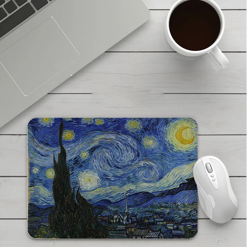 Thick custom cartoon mouse pad with colourful design on a desk, showing black seam edge