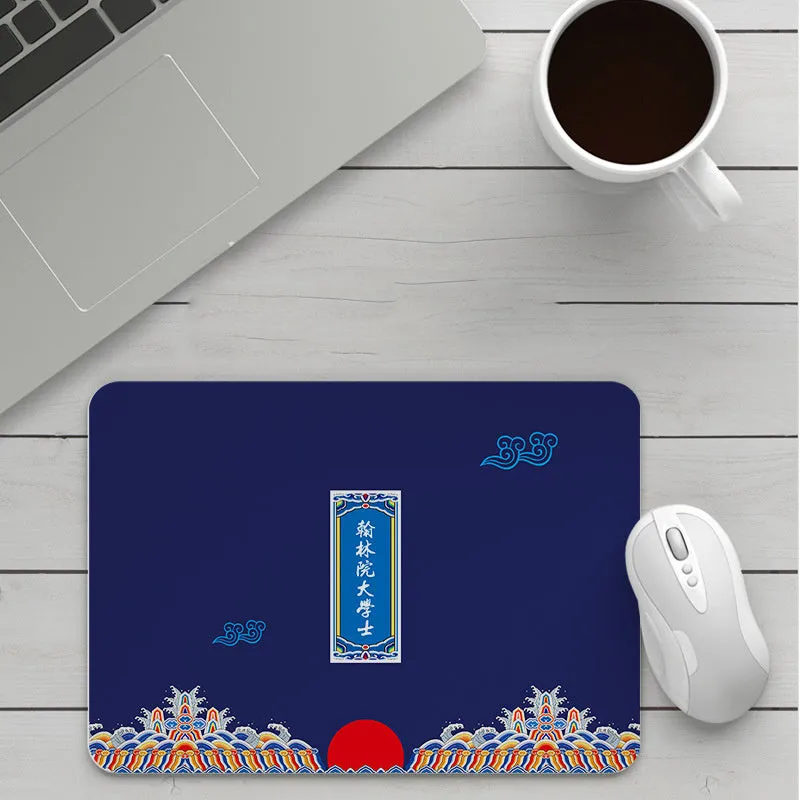 Thick custom cartoon mouse pad with colourful design on a desk, showing black seam edge