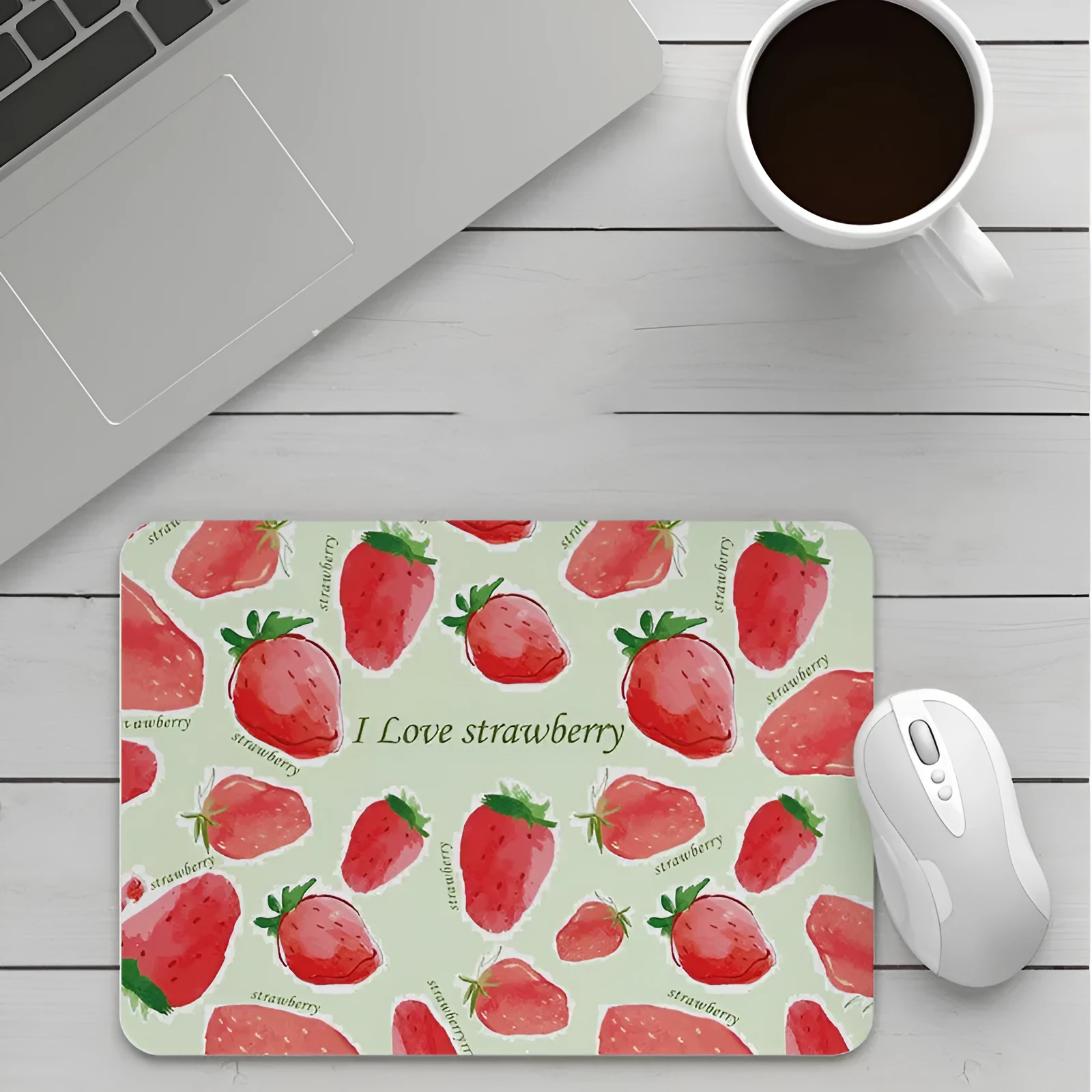 Thick custom cartoon mouse pad with colourful design on a desk, showing black seam edge