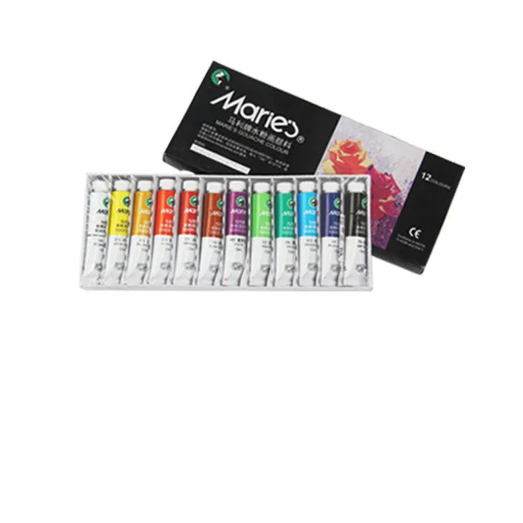 Boxed Marley gouache paint set showing tubes in 12 or 18 colours with fine pigments for artists.