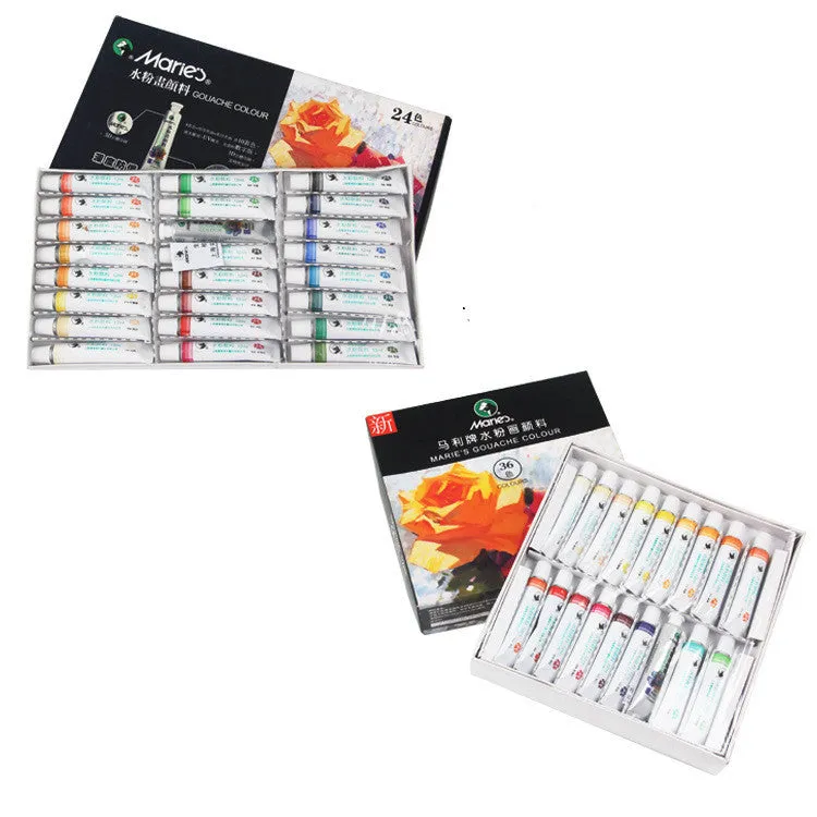 Boxed Marley gouache paint set showing tubes in 12 or 18 colours with fine pigments for artists.