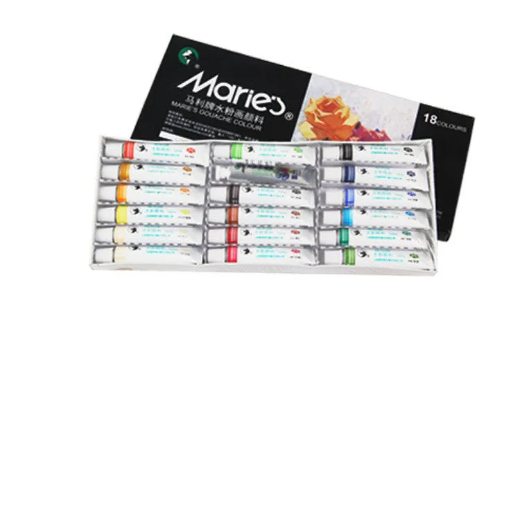 Boxed Marley gouache paint set showing tubes in 12 or 18 colours with fine pigments for artists.
