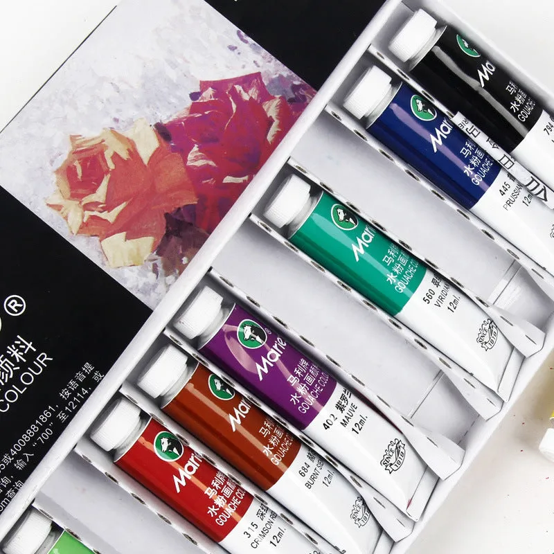 Boxed Marley gouache paint set showing tubes in 12 or 18 colours with fine pigments for artists.