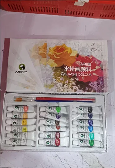 Boxed Marley gouache paint set showing tubes in 12 or 18 colours with fine pigments for artists.