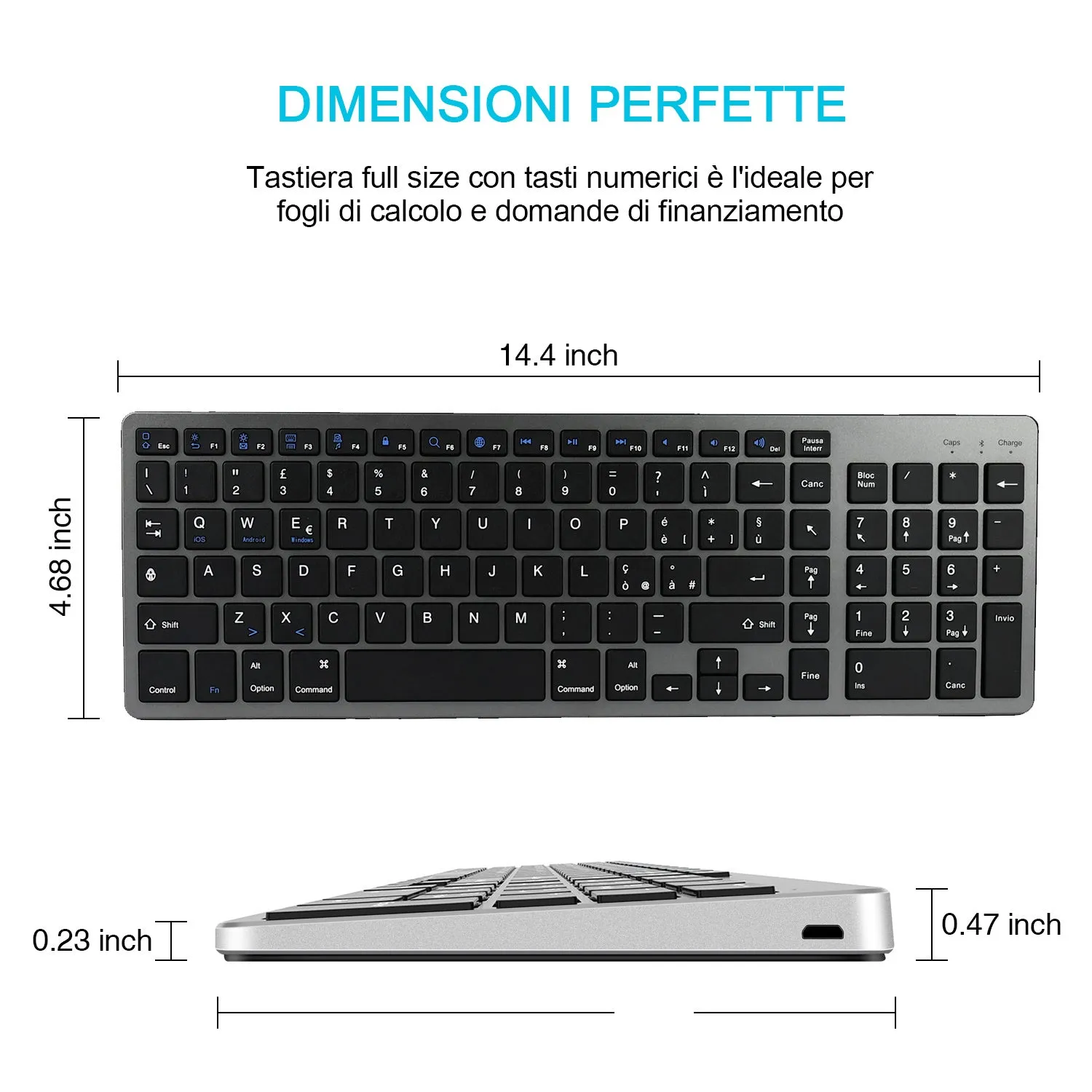 Ultra-thin white rechargeable Bluetooth keyboard for iPad and tablet with 104 keys.