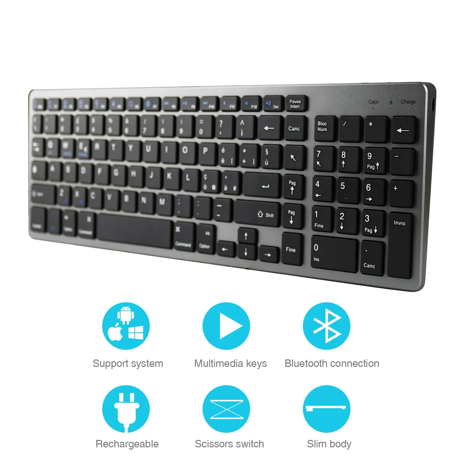 Ultra-thin white rechargeable Bluetooth keyboard for iPad and tablet with 104 keys.