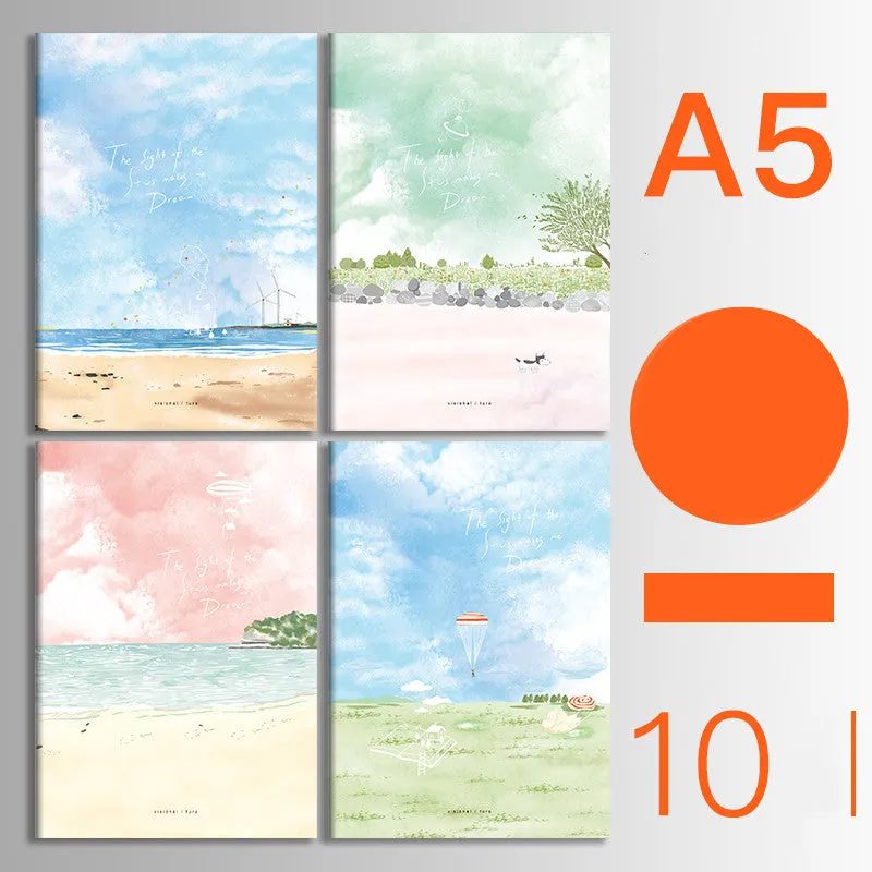 Set of 10 kraft paper notebooks with various hand-painted covers, shown open to display thread binding.