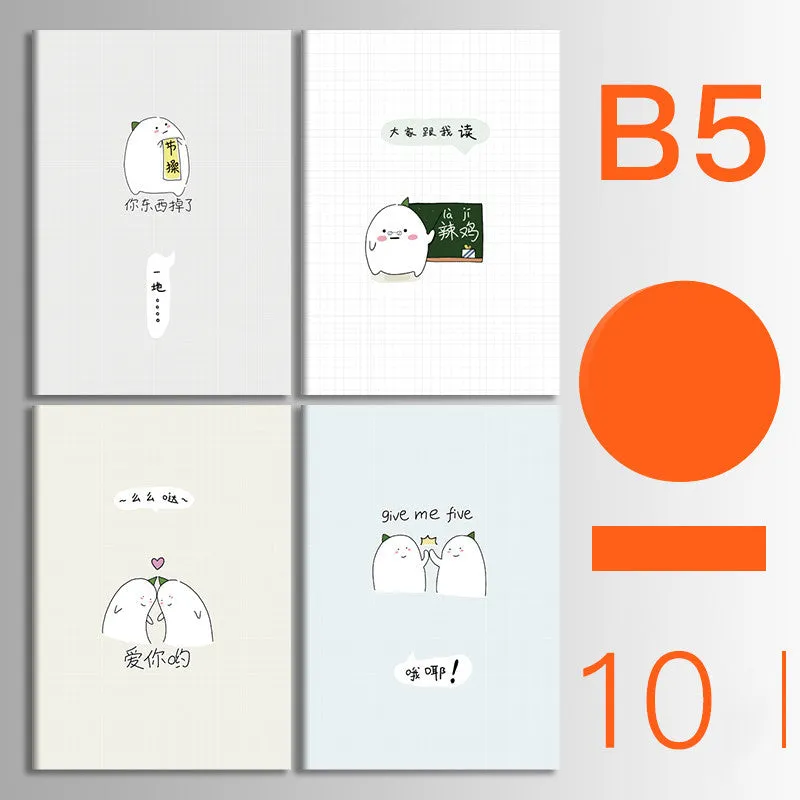 Set of 10 kraft paper notebooks with various hand-painted covers, shown open to display thread binding.