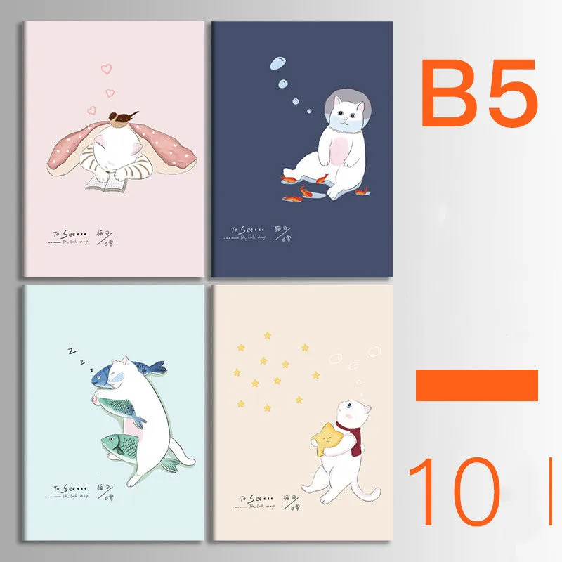 Set of 10 kraft paper notebooks with various hand-painted covers, shown open to display thread binding.