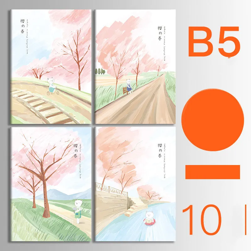 Set of 10 kraft paper notebooks with various hand-painted covers, shown open to display thread binding.
