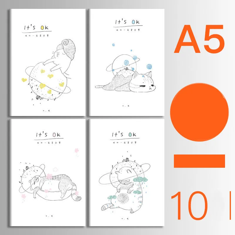 Set of 10 kraft paper notebooks with various hand-painted covers, shown open to display thread binding.