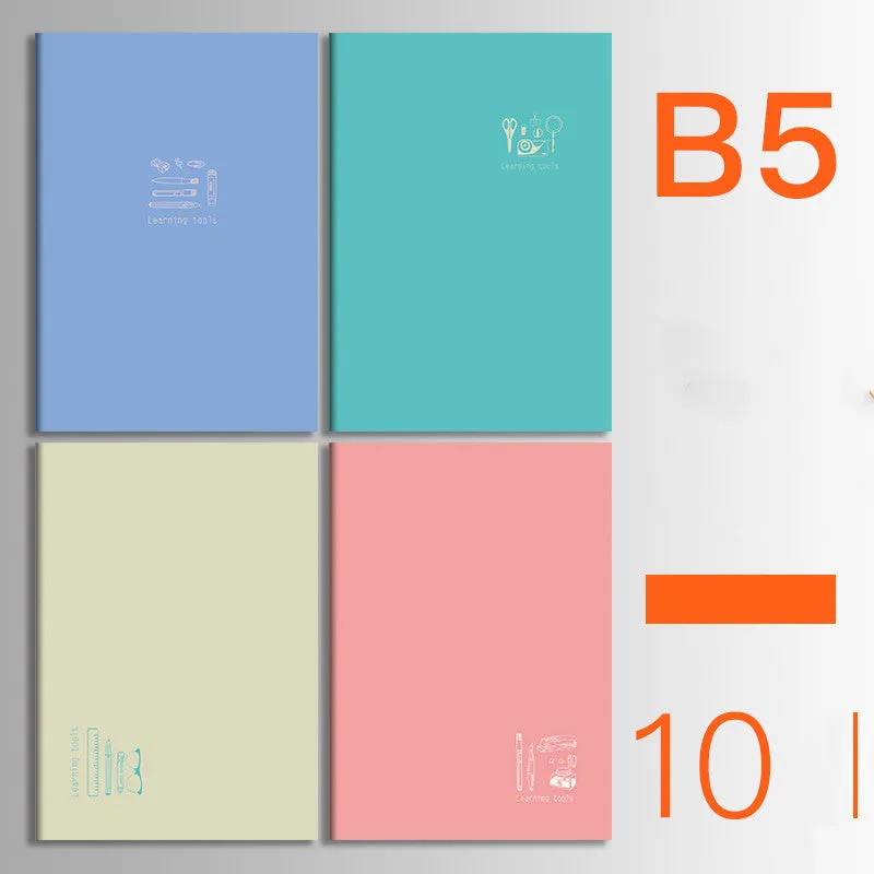 Set of 10 kraft paper notebooks with various hand-painted covers, shown open to display thread binding.