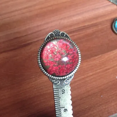 Handmade dry flower gypsophila ruler bookmark with lace flowers, daffodils and clover on 12 cm scale