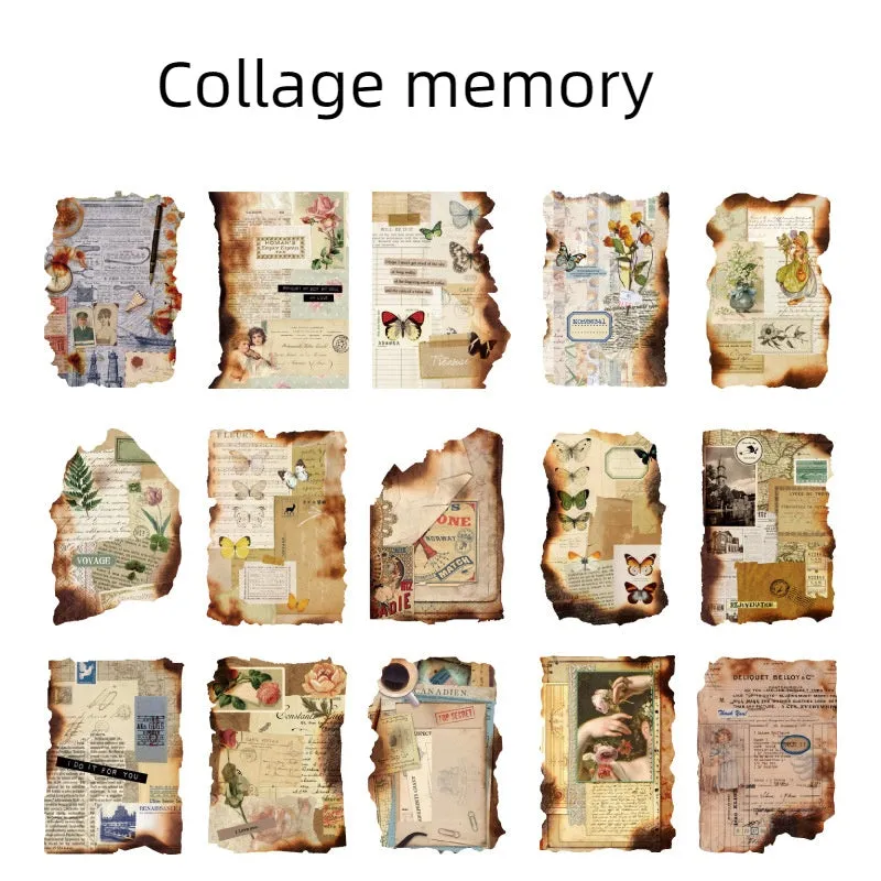Assortment of Sugar Poem burnt paper fragments with irregular shapes and charred edges on a craft table.