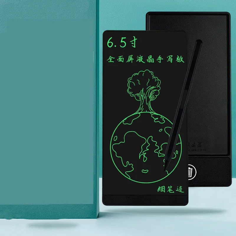 Blue LCD handwriting board with 6.5-inch screen and stylus on a white background