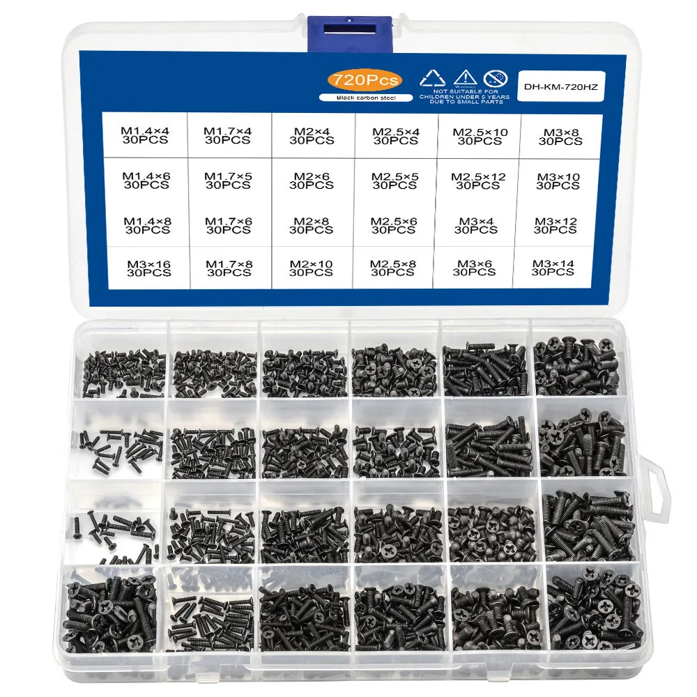 Black flat head M1.4 x 16mm laptop screws spilt from a box, showing cross slot drive and countersunk head profile.