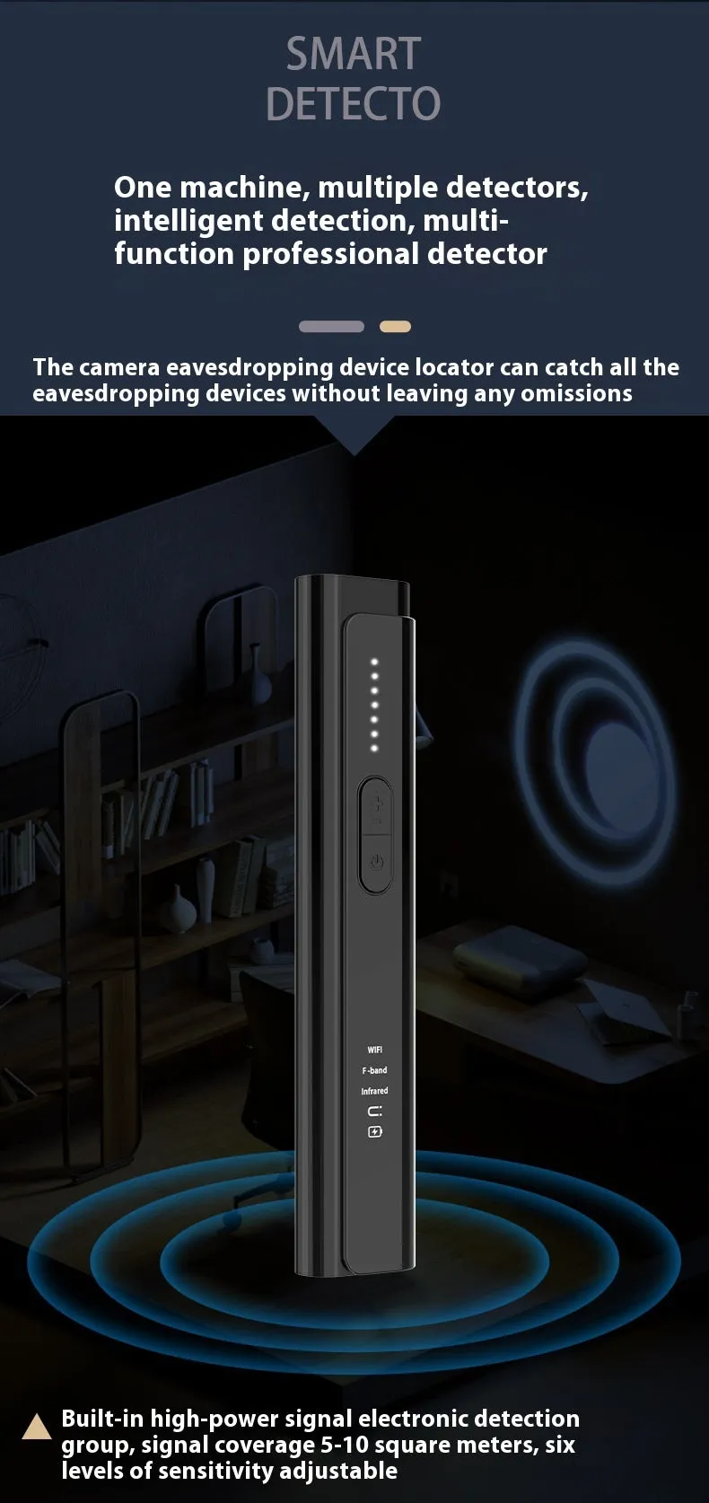 Black or silver plastic Signal Search anti-spy camera detector showing its compact size.