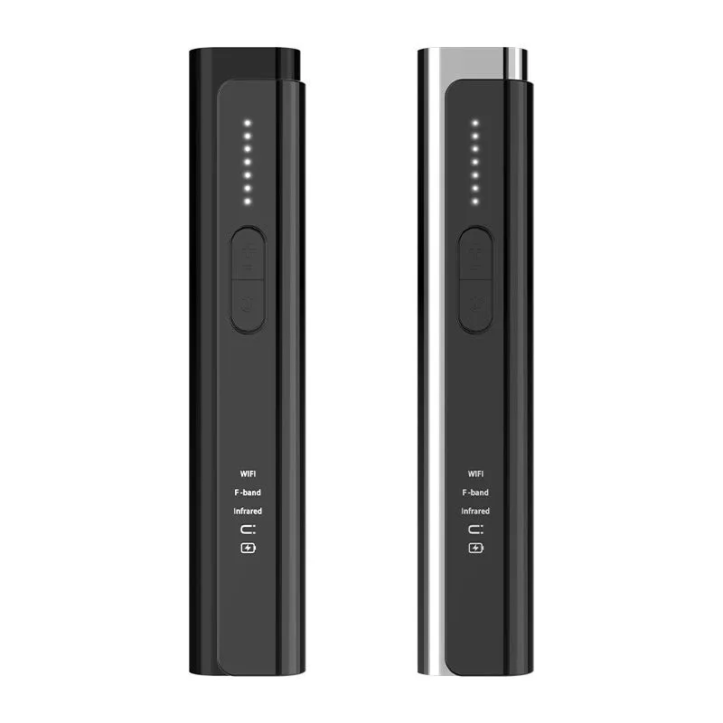 Black or silver plastic Signal Search anti-spy camera detector showing its compact size.