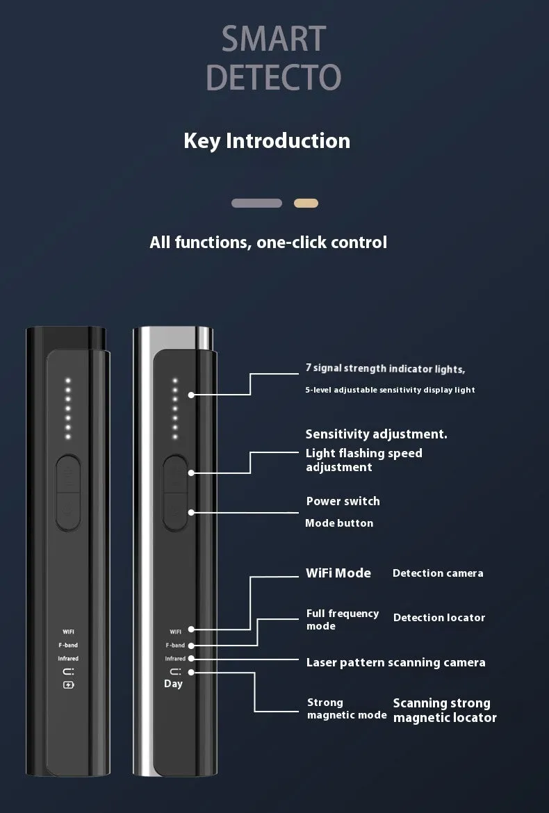 Black or silver plastic Signal Search anti-spy camera detector showing its compact size.