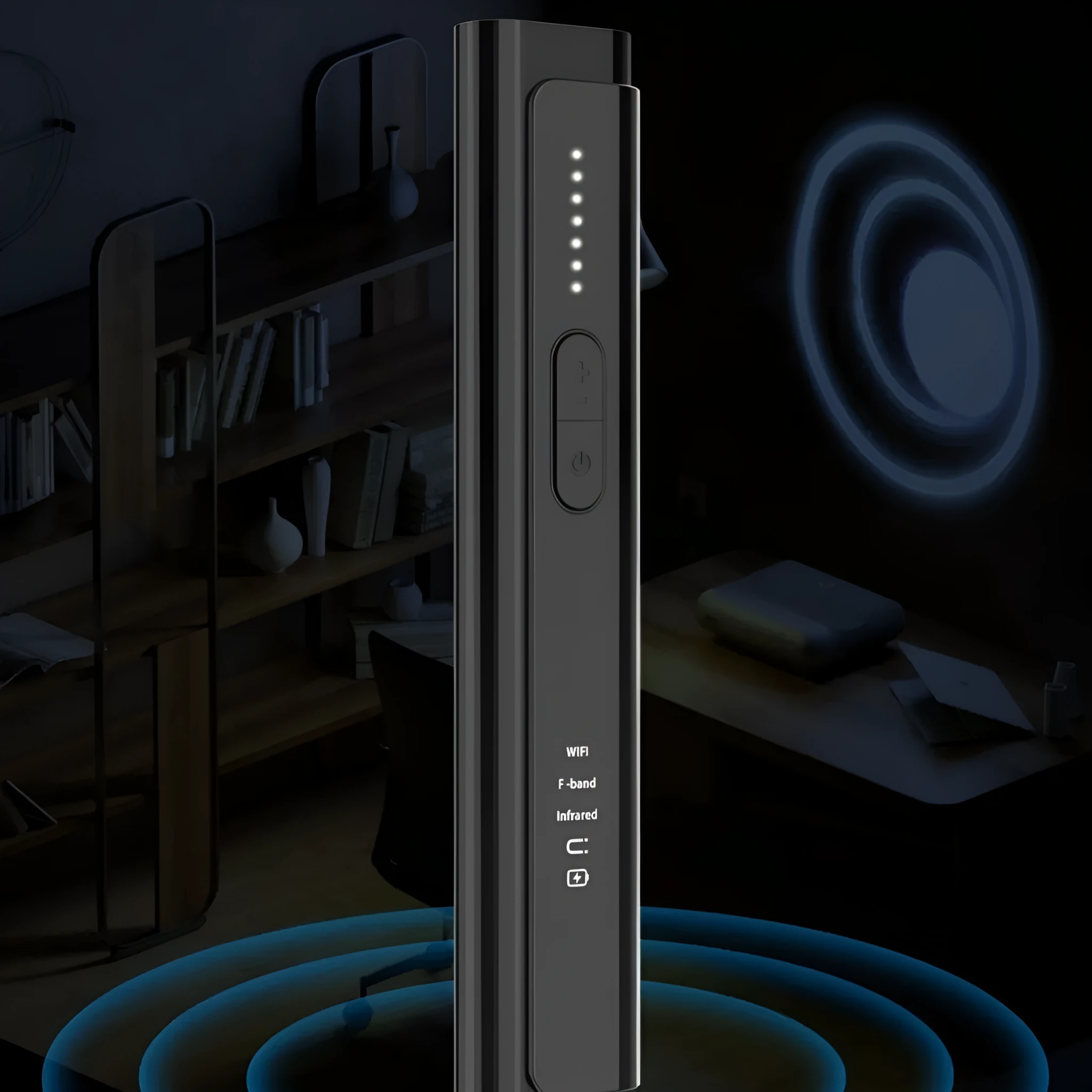 Black or silver plastic Signal Search anti-spy camera detector showing its compact size.