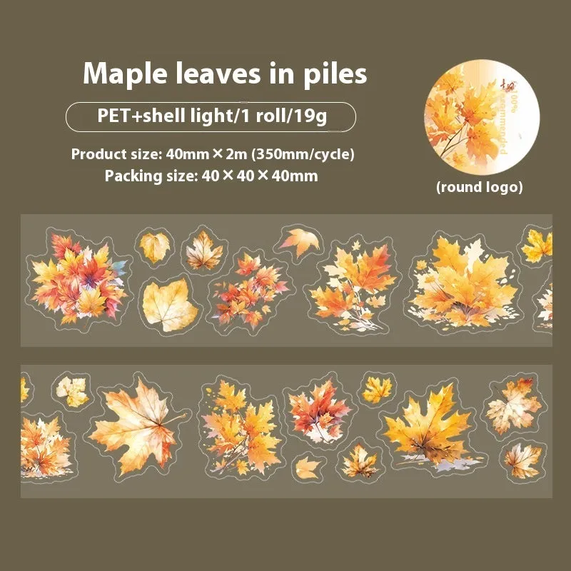 Roll of PET decorative stickers showing six leaf designs including ginkgo and maple, 40mm wide and 2m long.
