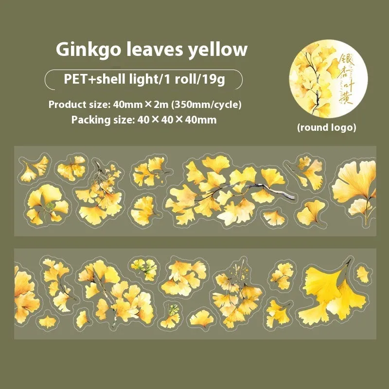 Roll of PET decorative stickers showing six leaf designs including ginkgo and maple, 40mm wide and 2m long.