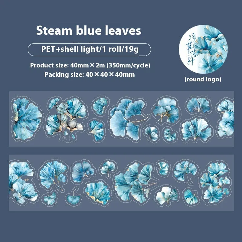 Roll of PET decorative stickers showing six leaf designs including ginkgo and maple, 40mm wide and 2m long.