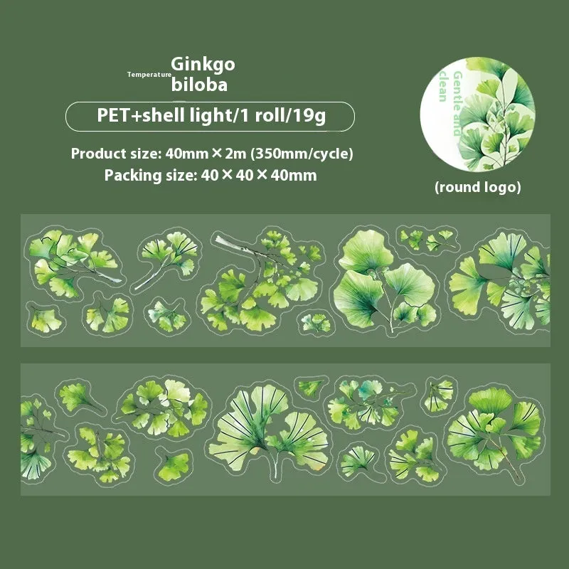 Roll of PET decorative stickers showing six leaf designs including ginkgo and maple, 40mm wide and 2m long.