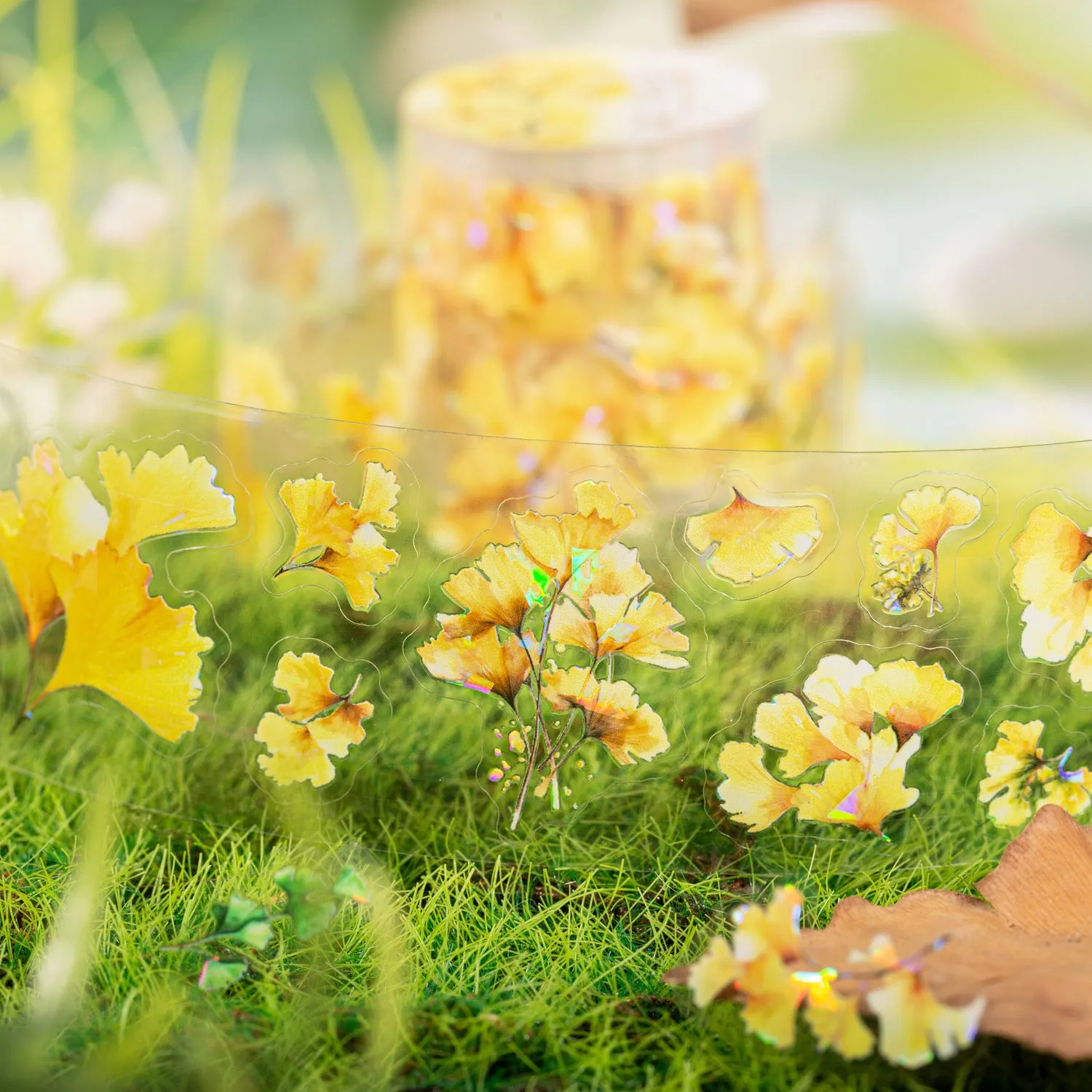 Roll of PET decorative stickers showing six leaf designs including ginkgo and maple, 40mm wide and 2m long.