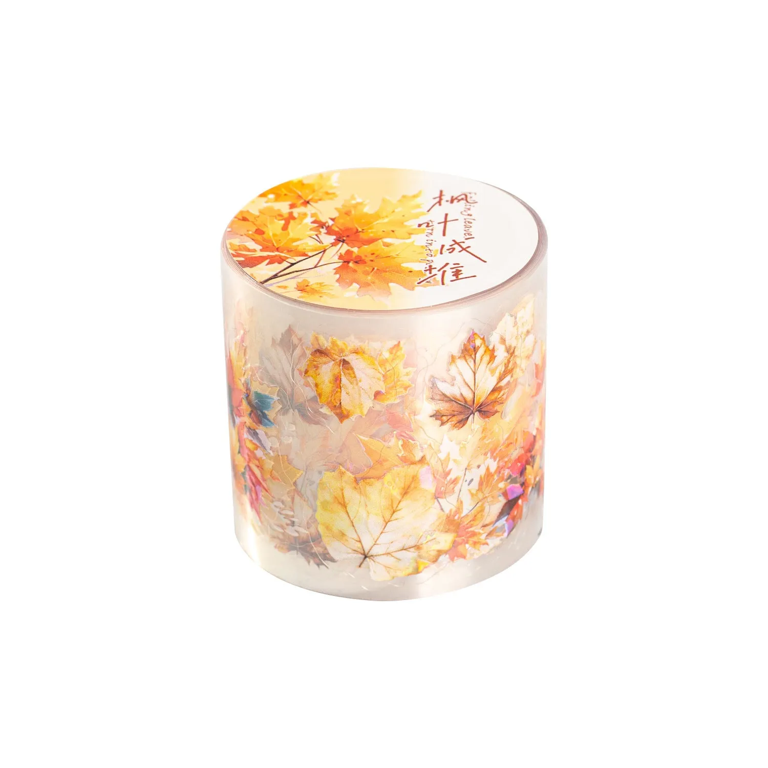 Roll of PET decorative stickers showing six leaf designs including ginkgo and maple, 40mm wide and 2m long.