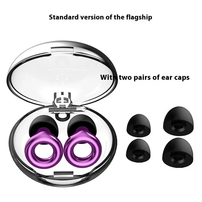 Set of noise reduction earplugs in various colours with a storage case and spare silicone caps.