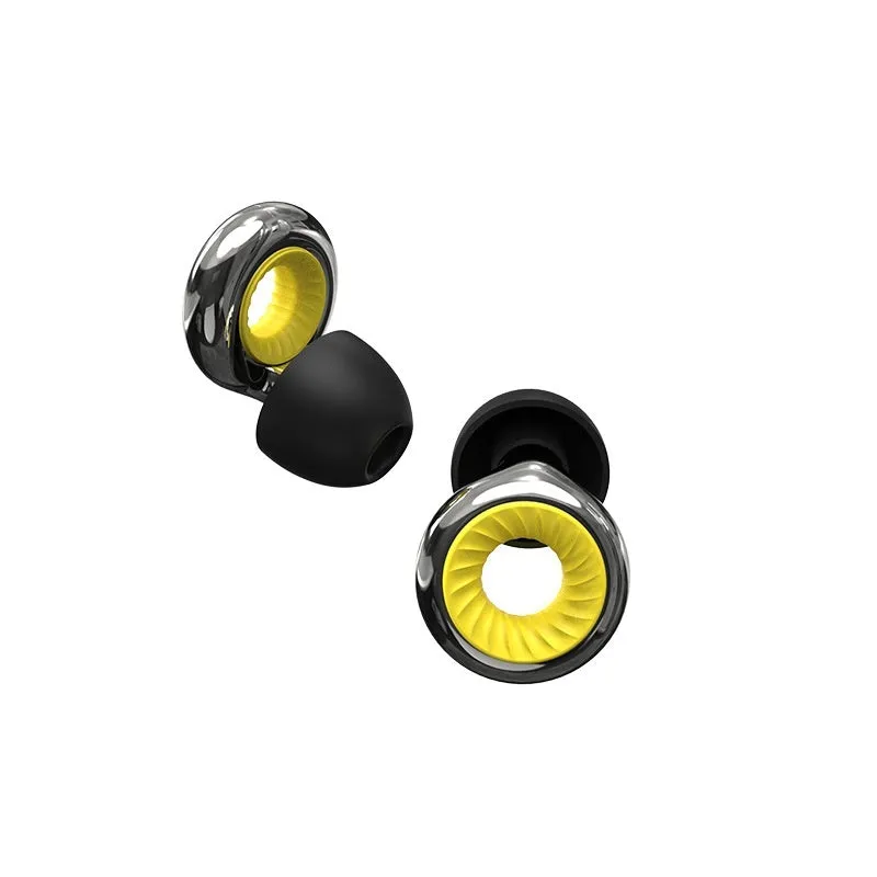 Set of noise reduction earplugs in various colours with a storage case and spare silicone caps.