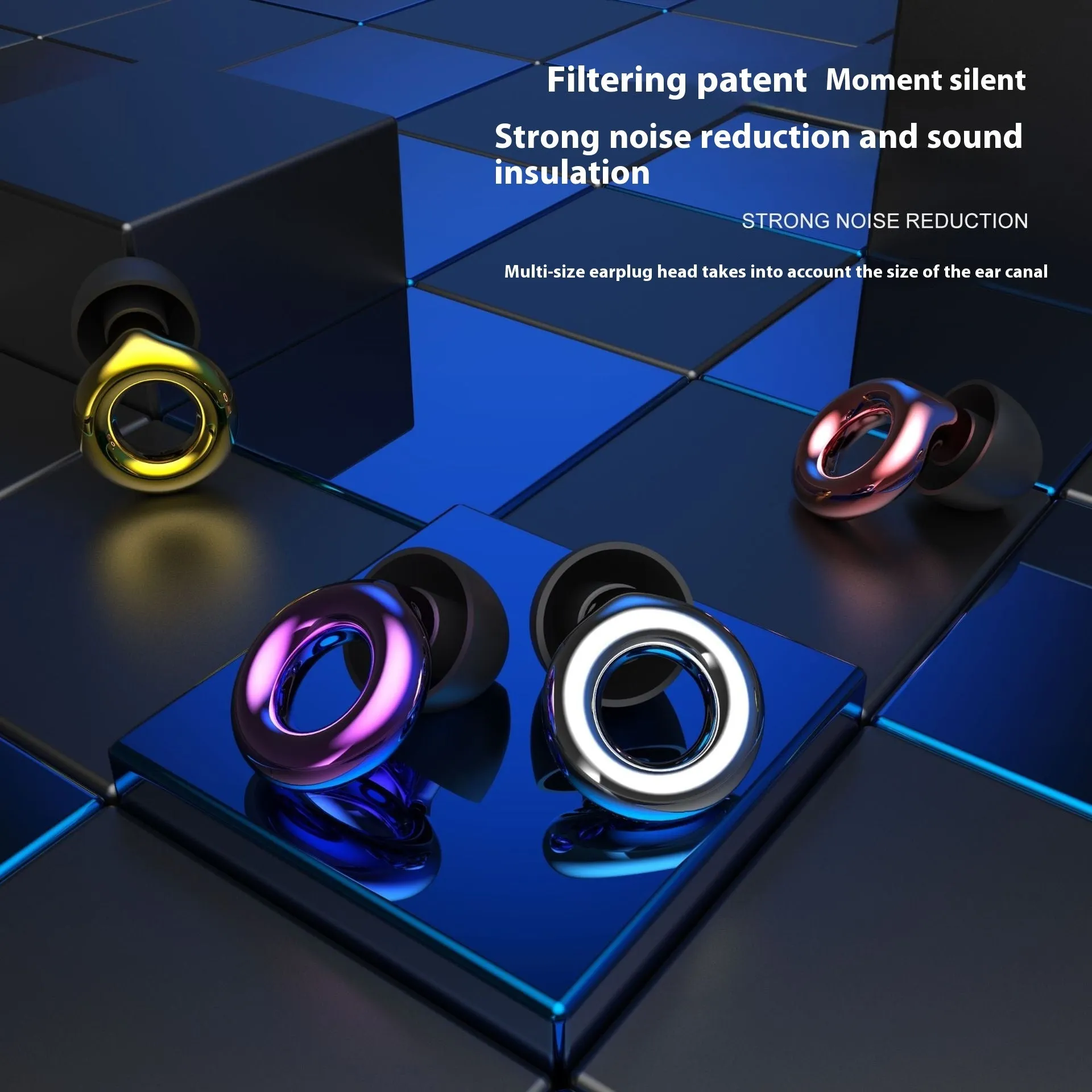 Set of noise reduction earplugs in various colours with a storage case and spare silicone caps.