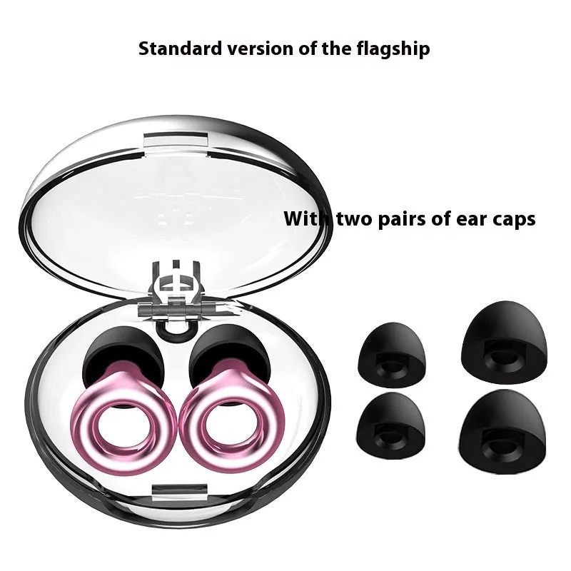 Set of noise reduction earplugs in various colours with a storage case and spare silicone caps.