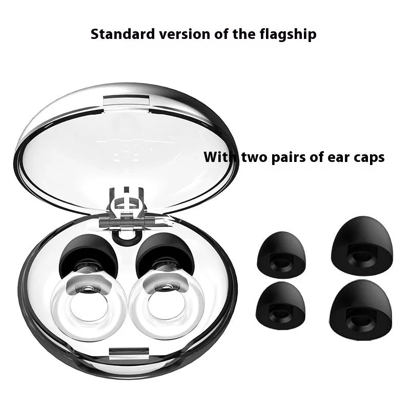 Set of noise reduction earplugs in various colours with a storage case and spare silicone caps.