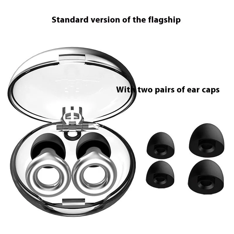 Set of noise reduction earplugs in various colours with a storage case and spare silicone caps.