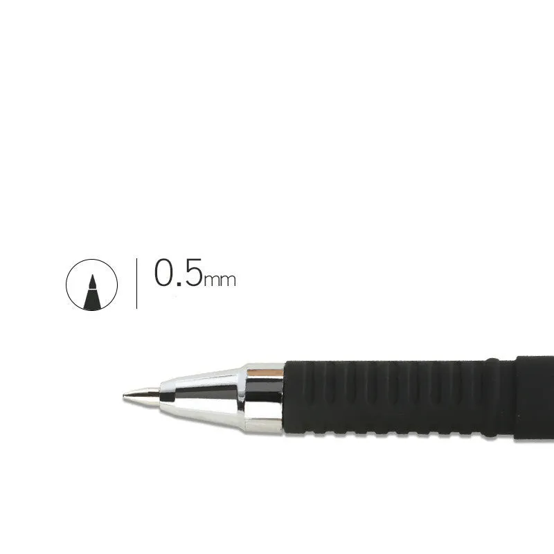 Set of eight black gel pens with anti-fatigue grips, showing bullet and needle tip options.