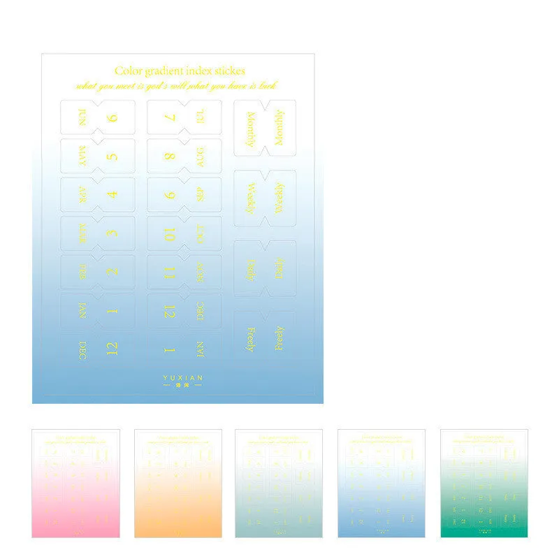 Yunmu Groceries Symphony gradient Morandi label sticker set showing 10 sheets in Elegant, Jazz, Neon, or Summer colours