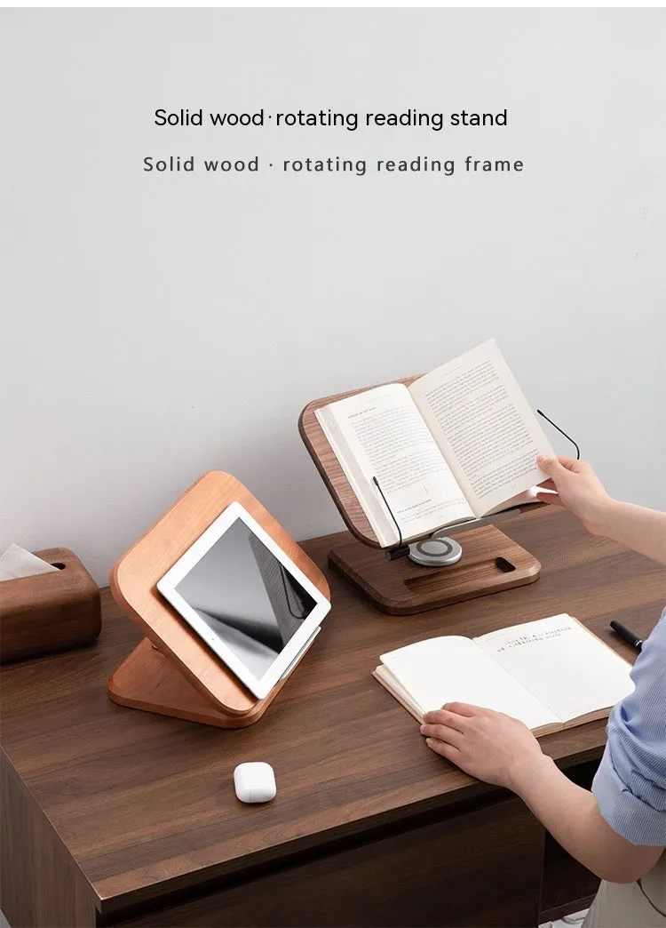 Adjustable walnut-coloured solid wood reading rack holding a book at an angle.