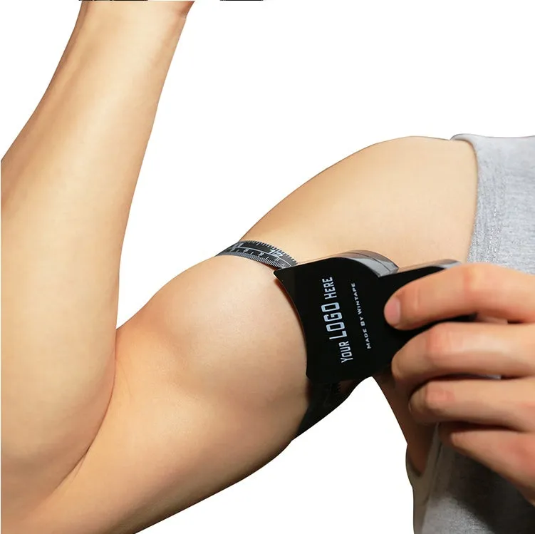 Black body fat caliper skinfold measurement tool with 0-70mm gauge and two fabric measuring tapes.