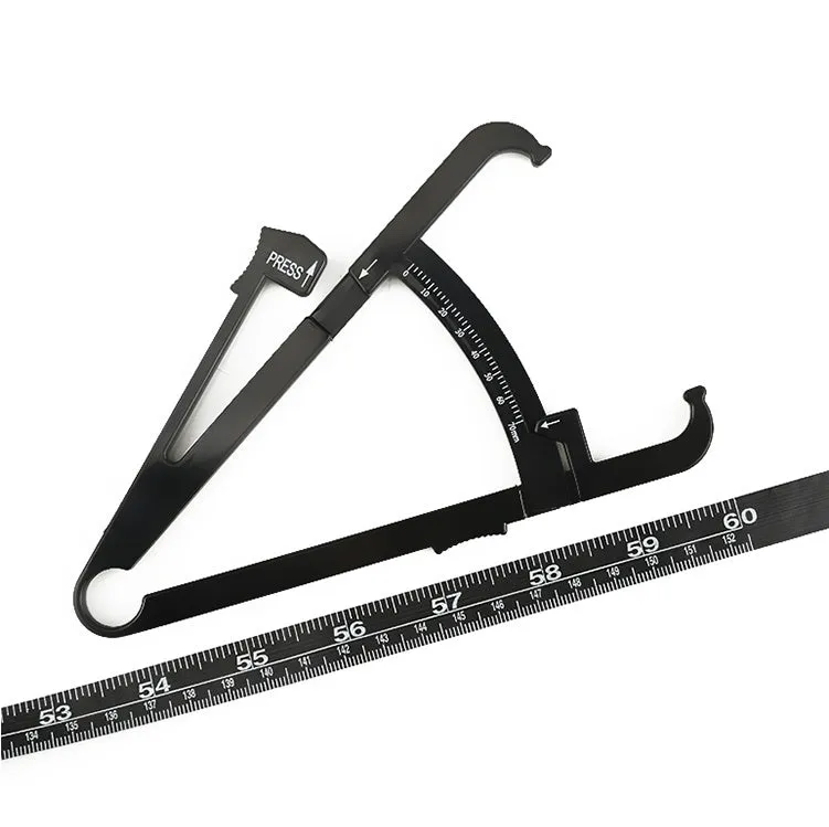 Black body fat caliper skinfold measurement tool with 0-70mm gauge and two fabric measuring tapes.