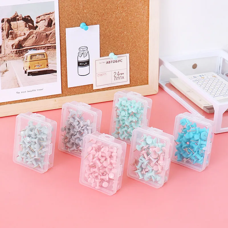 50 Morandi colour push pins with five-pointed star heads on a cork board