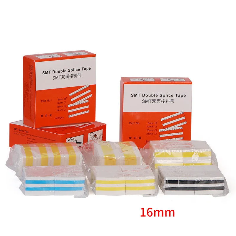 Reels of yellow, black, blue, and beige SMT double-sided splicing tape in various widths.
