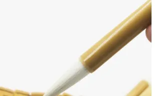 Three Chinese calligraphy brushes with bamboo handles and woolen bristles in large, medium, and small sizes