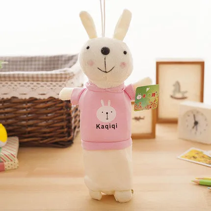 Soft plush rabbit-shaped pencil case in assorted colours, shown with pens inside.